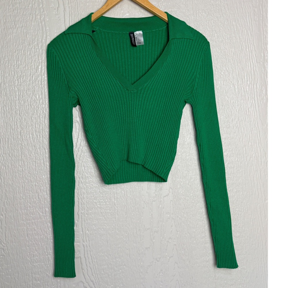 H&M Divided Women Green Ribbed Knit Cropped V-Neck Polo Sweater Size S Excellent
